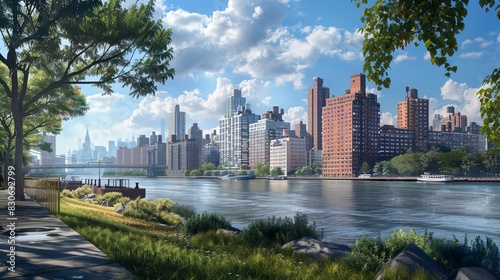 Take a leisurely stroll along the riverbank, admiring the iconic New York City skyline of East Village and East River, while watching the boats gracefully glide by