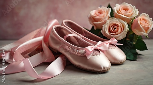  pair of pink ballet slippers with pink ribbons, next to three pink roses.