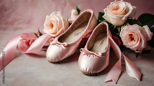  pair of pink ballet slippers with pink ribbons, next to three pink roses.
