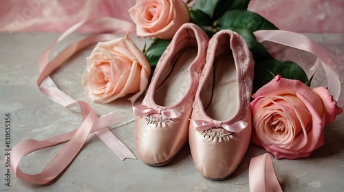  pair of pink ballet slippers with pink ribbons, next to three pink roses.