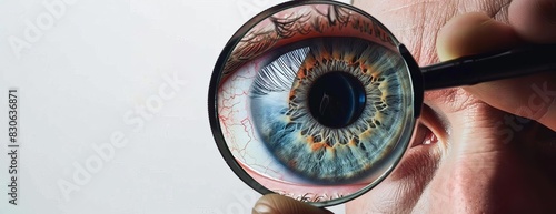 An up close look at the human eye with a magnifying glass. The veins and capillaries are clearly visible.