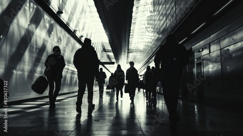 A dynamic shot of silhouetted figures walking with purpose through the corridors of a major railway terminus, emphasizing the scale and anonymity of the space.