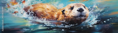 A cute otter is swimming in the water