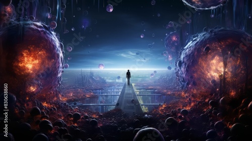 The fantastic landscape with a lonely figure standing on the bridge between two giant planets.