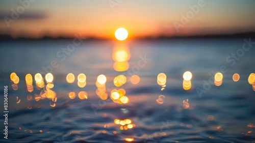 Capture the captivating beauty of twilight with an image showcasing a bokeh abstract blurred summer background, illuminated by twinkling lighting bokeh on the sea.