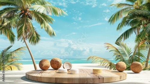 Emphasize the connection between summer and nature with a photo featuring a wooden podium displaying a variety of seasonal products, positioned against the backdrop.