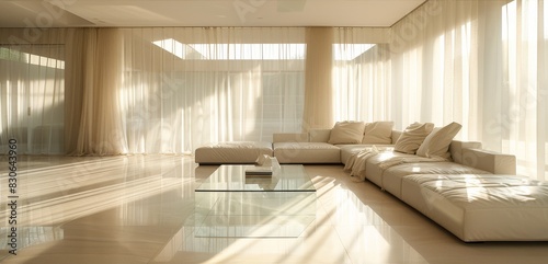 A luxurious minimalist lounge area with a low white leather sectional, a glass coffee table and sheer white curtains. 