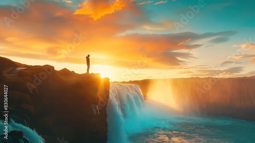 Emphasize the sense of wonder and adventure with a photo capturing the dramatic waterfall surrounded by the warm glow of a colorful sunset sky, as a male tourist stands on a cliff.