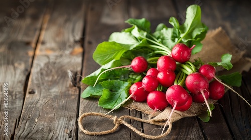 Fresh organic bunch of radishes on rustic wooden table - vibrant red radishes with green leaves perfect for healthy recipes and farm-to-table cuisine