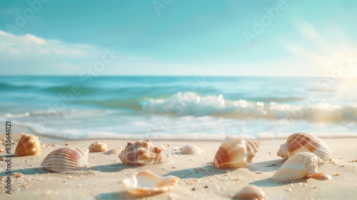 Highlight the tranquility of seaside retreats with an image showcasing an empty sand beach strewn with shells, set against the soothing backdrop of a summer sea.