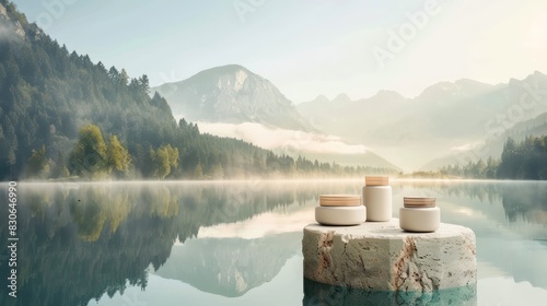 Highlight the ethereal beauty of your cosmetic line with a photo featuring a stone pedestal display adorned with products, positioned on the reflective surface of a lake.