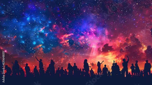 Highlight the exhilarating atmosphere of summer festivals with an image featuring a crowd of silhouetted figures swaying to the beats of electro music under the starry night sky.