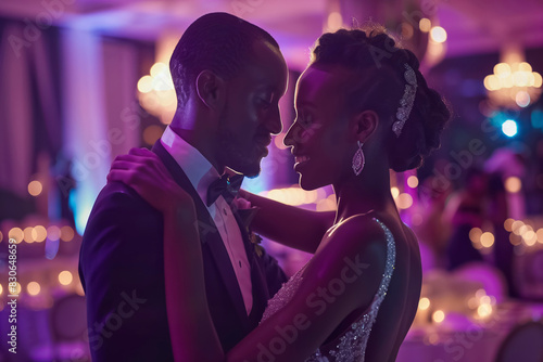 African couple sharing a romantic dance at a wedding.