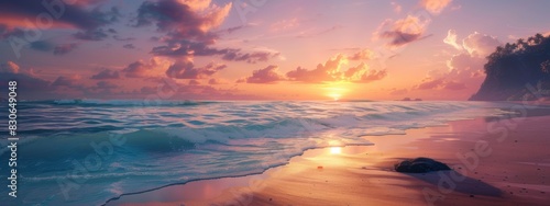 A secluded beach at sunset, with gentle waves lapping at the shore and vibrant orange and pink hues painting the sky.
