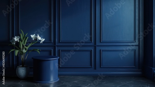 Create a visually captivating photo featuring a dark blue cylinder podium positioned against a lavish dark blue wall scene.