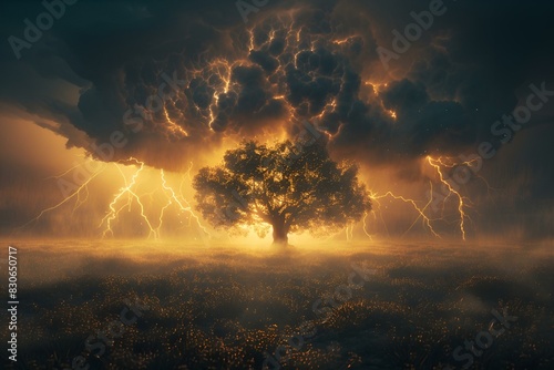 Drzewo wśród burzy z piorunami