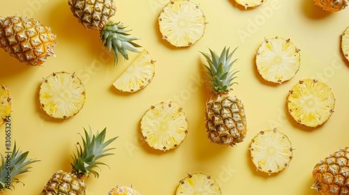 Playful pineapple pattern for summer magazine cover design. Vibrant yellow background with sliced and whole pineapples.