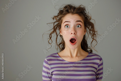 A young girl of nine years old with a surprised expression on her face, as if she had seen something exciting and surprising. Advertising concept for toys, video games and cartoons. Copy space