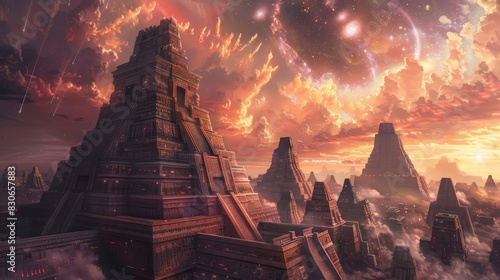 Futuristic skyscrapers and pyramids against swirling nebulae Mesoamerican inspiration background