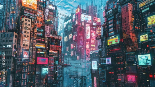 Futuristic cityscape painted with vibrant murals background