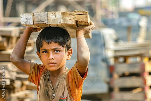 A young boy works in harsh conditions at a construction site, carrying heavy wooden planks on his head, reflecting child labor, poverty, and the challenges faced by child workers