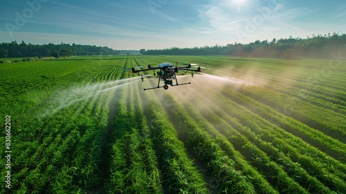 Side view of a drone spreading chemicals on a lush green field, with a cloudless blue sky providing a clean background