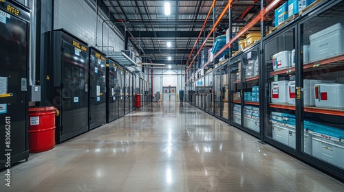 Interior shot of a chemical storage area with secure, climate-controlled cabinets and emergency response equipment visible