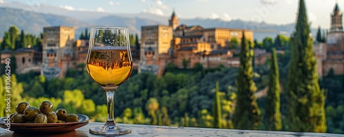 glass of wine, beer and olives with view of the Alhambra