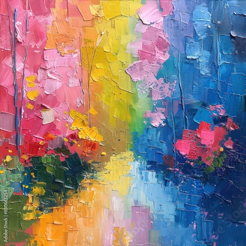  an abstract painting celebrating imperfection and joy with bright colors. Embrace playfulness, blending colors organically, and adding energetic, gestural marks.