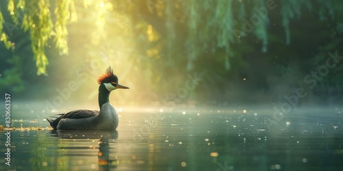 A solitary great crested grebe floats on a lake surrounded by foliage in the soft morning light against green background