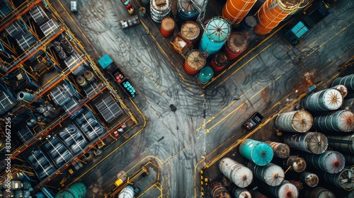 Top view of a warehouse with hazardous chemical storage zones, clear markings on the floor, and safety equipment readily accessible