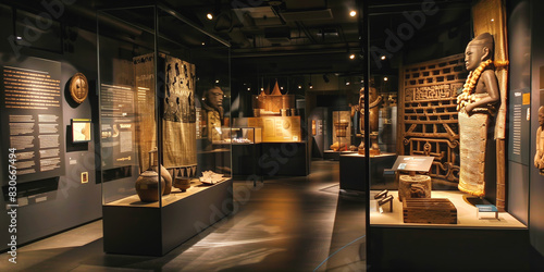 A moody, atmospheric museum exhibit featuring ancient artifacts, statues, and historical displays, illuminated by strategic lighting.