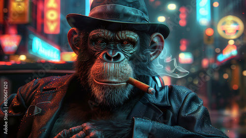 Monkey in Suit and Hat - A monkey dressed in a sharp suit and gangster hat, with a cigar in its mouth, standing in front of a classic 1930s car, with a nighttime cityscape and neon lights in the backg