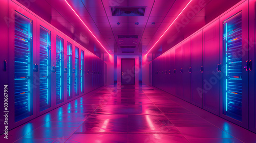 A server room with server racks in the dark, in the style of light indigo and black, glassy translucence