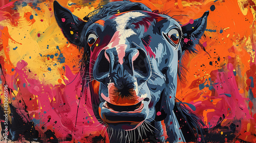 Surprised Horse - A drawing of a horse with wide-open eyes and an open mouth, as if seeing something amazing, with colorful, abstract background patterns