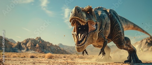 Ferocious Tyrannosaurus Rex roaring in a prehistoric landscape.