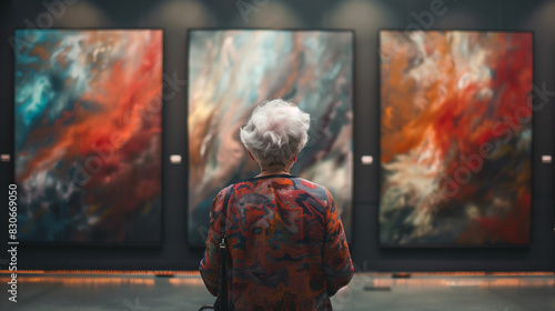 Grandma in an Abstract Art Gallery - Grandma standing in front of abstract paintings, which are themselves bizarre and surreal, with a look of fascination on her face