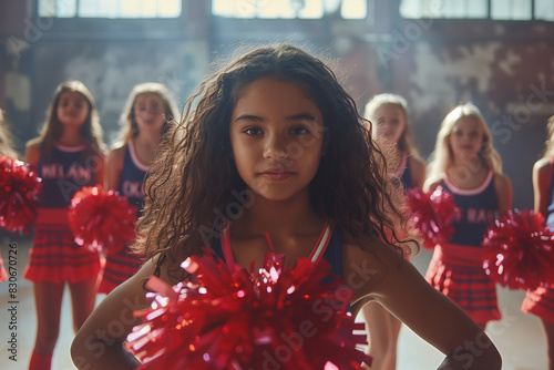 Girl with natural curly hair in cheerleading uniform with pompoms. Smiling child cheerleader with her team.
