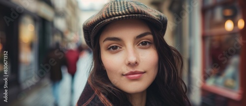 Stylish young woman in vintage outfit, European city scene. Close-up portrait, brown hair, wool beanie, European architecture.