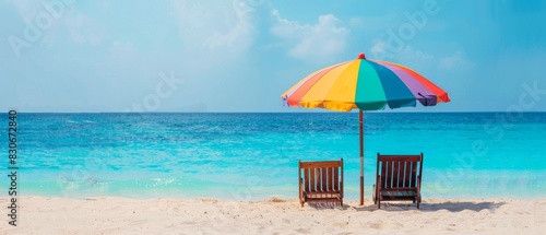 Tropical paradise, Empty beach chairs under rainbow umbrella. Beach vacation with inviting seating. 