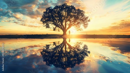Scenic Sunset Reflection with Person Walking Near Tree