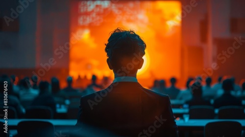 An economist conducting a seminar, selective focus, educational theme, surreal, silhouette, lecture hall backdrop