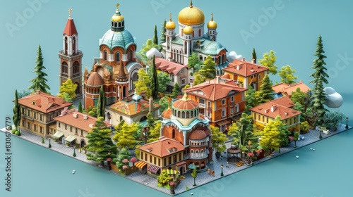 Cute isometric 3D render of Sofia, capturing the famous places and atmosphere of this city, centered on a chartreuse solid color background