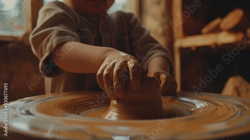 Young Child Learning Pottery on a Spinning Wheel in Workshop