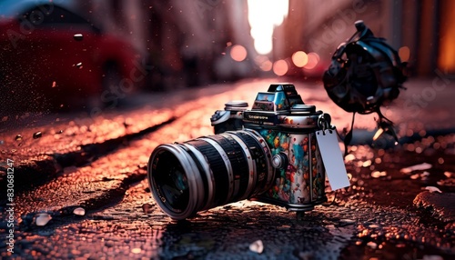 A vintage camera adorned with colorful designs is left on a wet, cobblestone street at twilight, reflecting city lights and a blurred car.. AI Generation