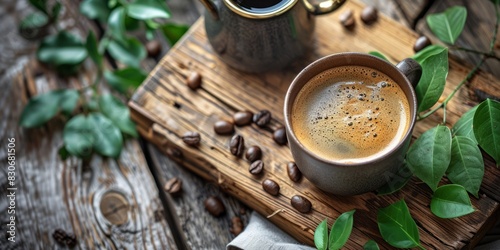 Close-up of a cup of black coffee on a chopping board with a cafetiere, napkin and foliage