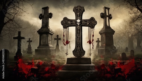 A haunting scene in a fog-covered cemetery, featuring an elaborate central cross adorned with skulls and red beads, flanked by traditional tombstones.. AI Generation