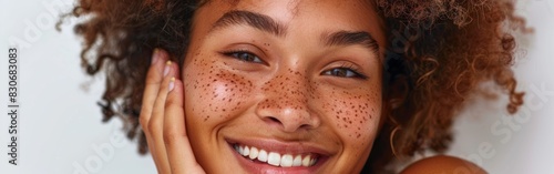 A joyful African American woman with curly hair smiling, showcasing her freckled face