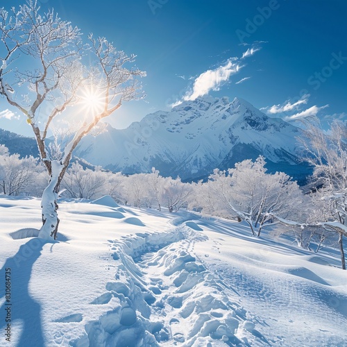 Serene Snowy Landscape with Sunlit Mountain Peaks and Tree Silhouette