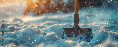 Close-up of a shovel in the snow with a blurred winter background.